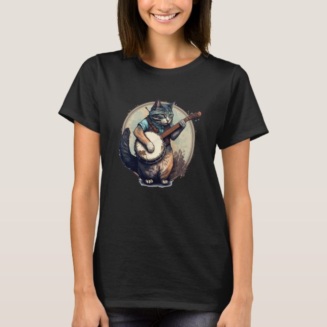 Retro Cat Playing Banjo Cute Kitten Banjo Player C T Shirt (Framsida)