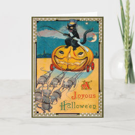 Retro Cat Riding Pumpkin Halloween-kort Helgkort