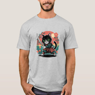 Retro Cat Samurai japansk Warrior Art T Shirt