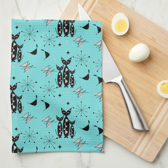 Retro Cats Atomic Starburst Modern Mid Century Kit Kökshandduk (Vikt i Fjärdedel)