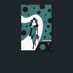 Retro Catwalk-modell, Vintage Art Deco-mote Canvastryck<br><div class="desc">Vintage illustration art deco-design med en chic kvinna iklädd hatt och kappa och bärandes en handväska. Kvinnan går längs en flytande stig. Svarta prickar, cirklar eller bubblor flyter runt omkring. Bakgrunden är klar så att du kan lägga till valfri färg du vill! Klicka på "anpassa"-knappen! Den nuvarande hex-koden är en...</div>