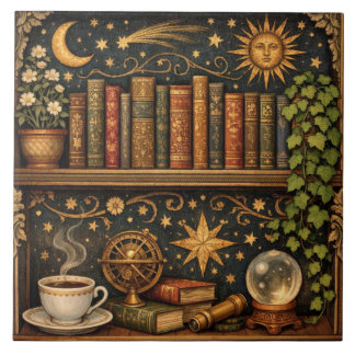 Retro celestial bookshelf book coffee lover kakelplatta