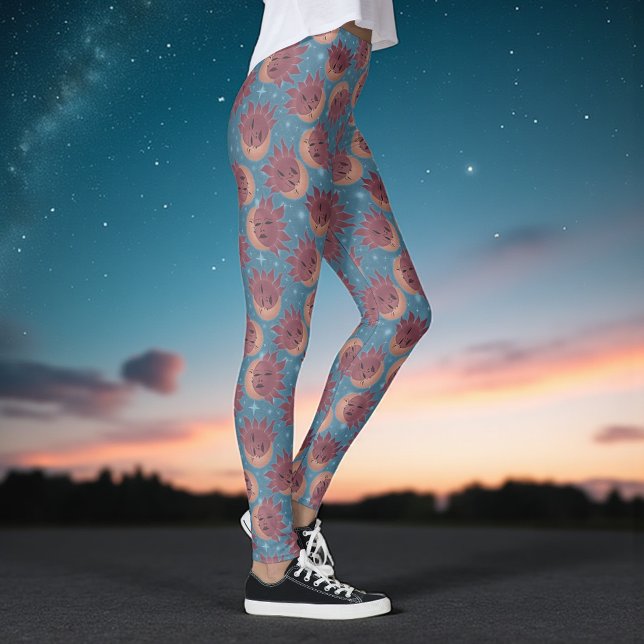Retro Celestial Sol och MoonRetro celestial Leggings (Retro celestial leggings with dreamy suns and moons on a dusty blue starry sky.)