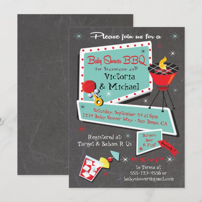 Retro Chalkboard Baby Shower Barbecue-inbjudan Inbjudningar (Fram/baksida)