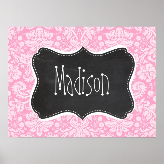 Retro Chalkboard Carnation Rosa Damask Pattern Poster (Framsidan)
