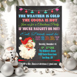 Retro Chalkboard-inbjudan till julfest Inbjudningar<br><div class="desc">Inbjudan dina stygga eller trevliga vänner till fantastisk julen Party med vintage Jultomten,  hängande prydnadsföremål,  roligt typografi allt på en kritersbakgrund. Så ät,  drick och var Merry med inbjudan till fantastisk.</div>