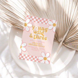 Retro Check Young Wild Three Pink Daisy Inbjudningar