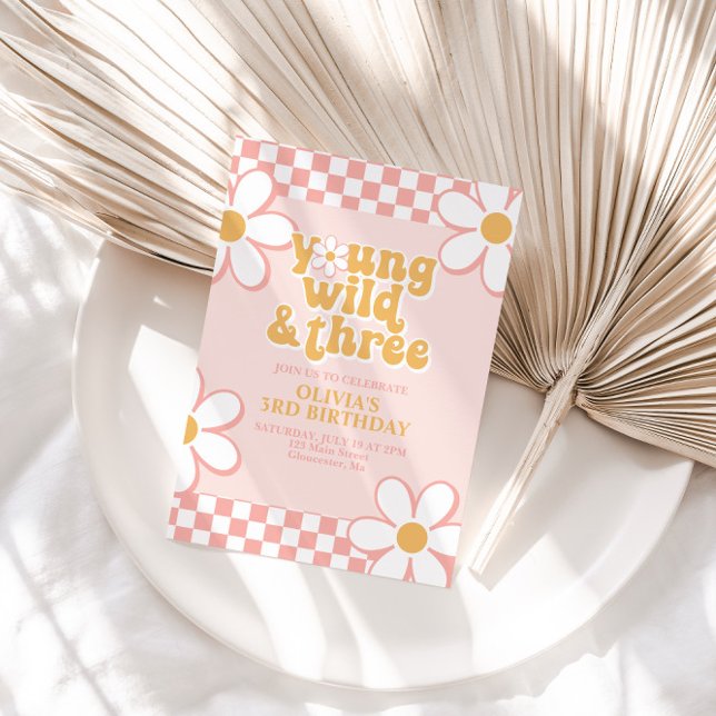 Retro Check Young Wild Three Pink Daisy Inbjudningar (Skapare uppladdad)