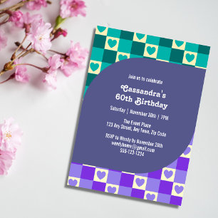 Retro Checkated Heart Bauhaus Teal Blue Birthday Inbjudningar