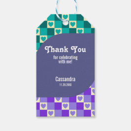 Retro Checkated Heart Bauhaus Teal Blue Birthday Presentetikett