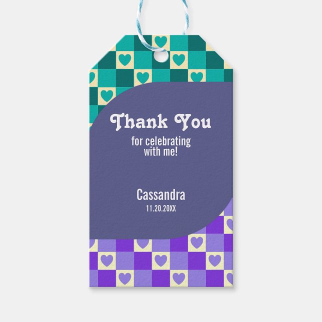 Retro Checkated Heart Bauhaus Teal Blue Birthday Presentetikett (Framsidan)