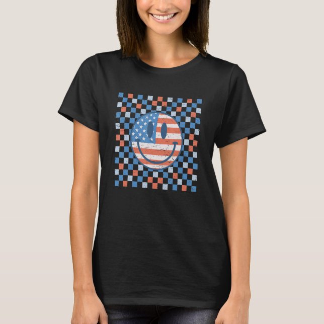 Retro Checkated Mönster Smile Ansikte American Fla T Shirt (Framsida)