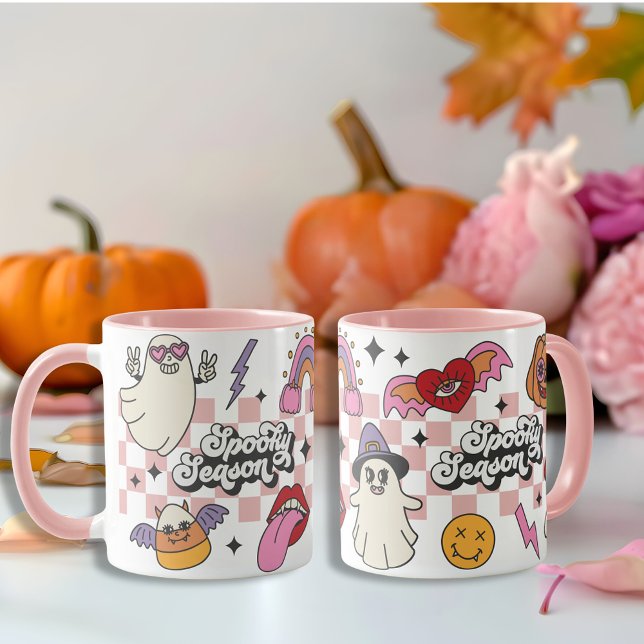 Retro Checked Spooky-säsongen girly Happy hallowee Mugg (Retro Checked Spooky season girly Happy Halloween Mug)