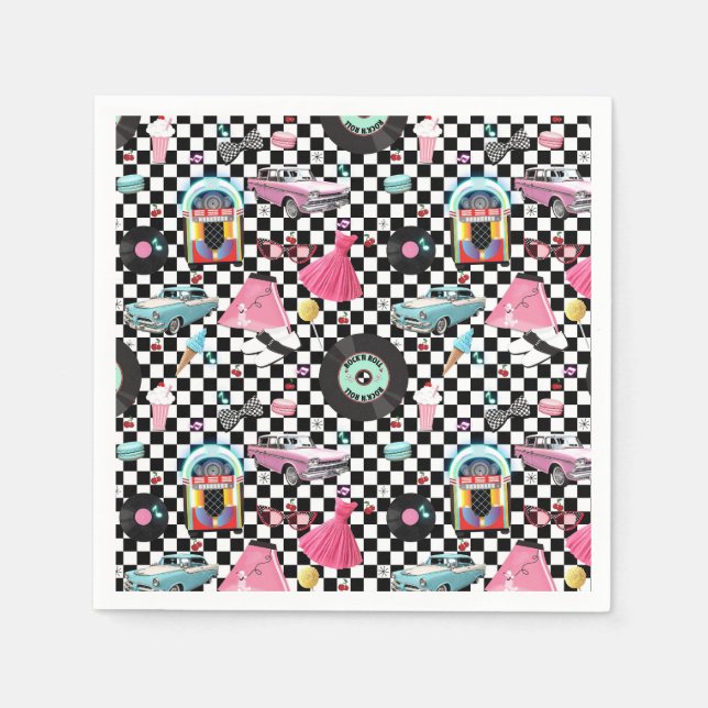 Retro Checker 50-tals tema födelsedagsfest Pappersservett (Framsidan)