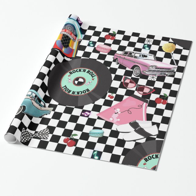 Retro Checker 50-tals tema födelsedagsfest Presentpapper (Utrullad)