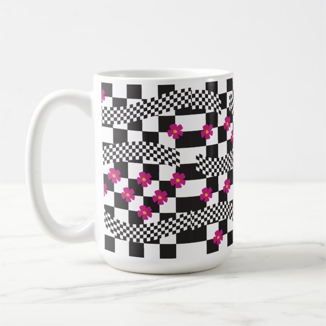 Retro Checkerboard-design med blommor Kaffemugg (Vänster)