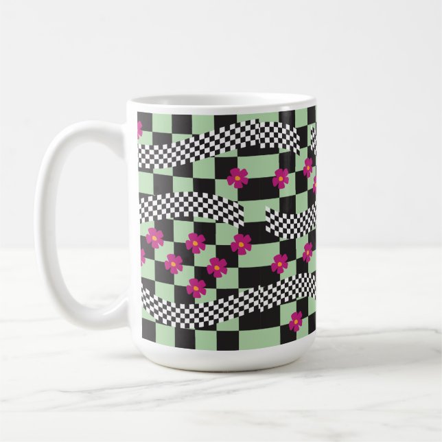 Retro Checkerboard-design med blommor Kaffemugg (Vänster)