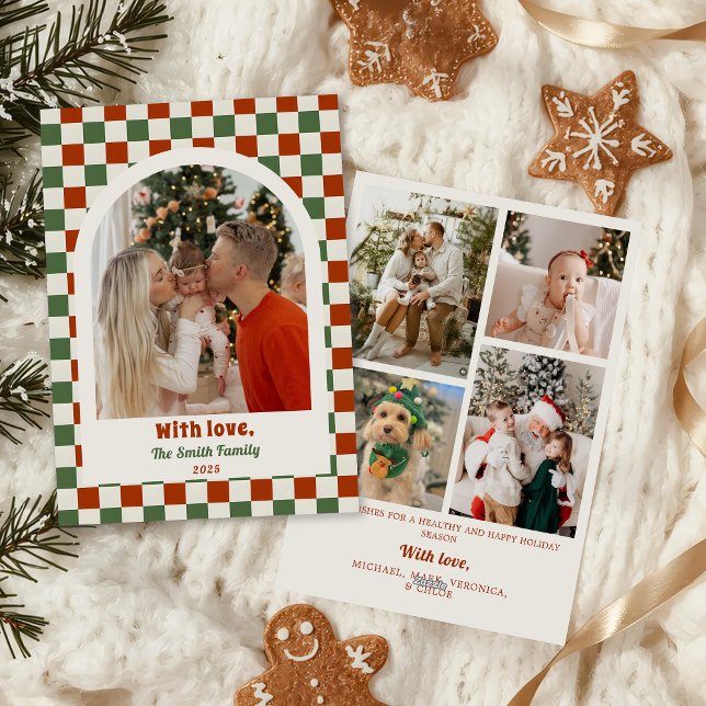 Retro Checkerboard Family Photo Arch Christmas Julkort (Skapare uppladdad)
