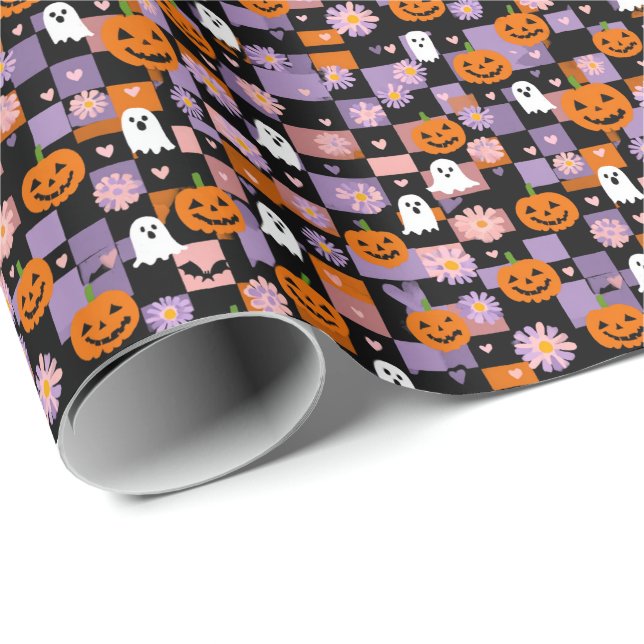 Retro Checkerboard Halloween Spöken och Pumpkins Presentpapper (Rullad Hörn)