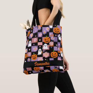Retro Checkerboard Halloween Spöken och Pumpkins Tygkasse