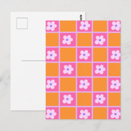 Retro Checkerboard Mönster i Orange och Lila Vykort