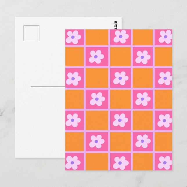 Retro Checkerboard Mönster i Orange och Lila Vykort (Fram/baksida)