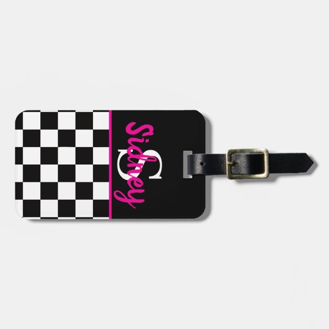 Retro Checkerboard Neon Pink Name Monogram Bagagebricka (Horisontell Framsida)