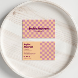 Retro Checkerboard-persika och Lila Visitkort