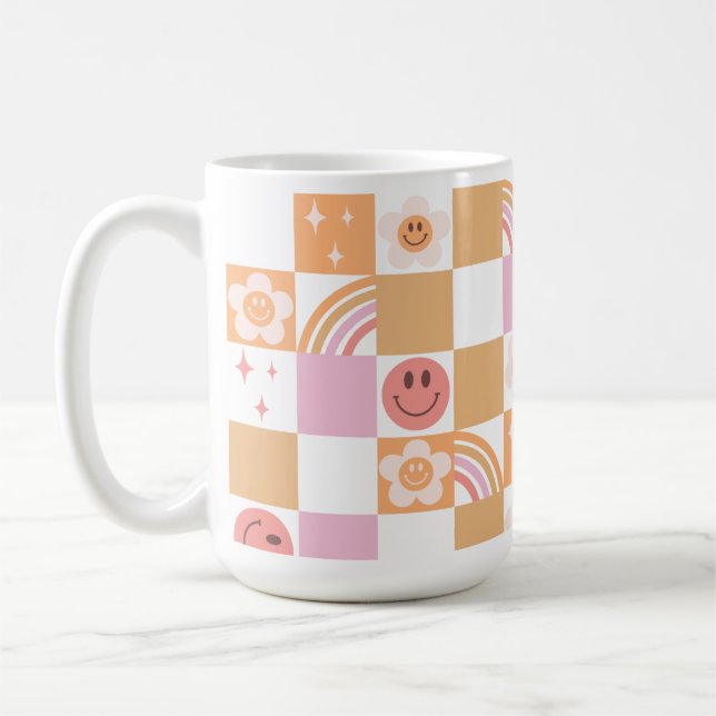 Retro Checkerboard Smile Ansikte 60-talet Mönster  Kaffemugg (Vänster)