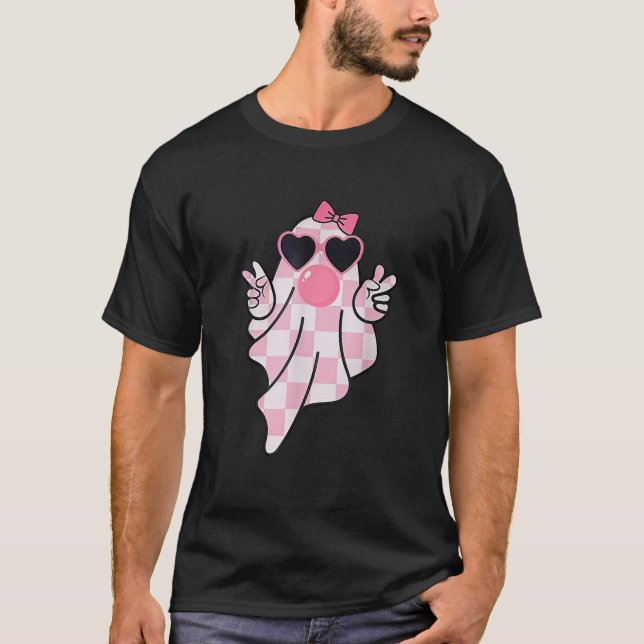 Retro Checkered Cute Pink Ghost Blowing Bubble Gum T Shirt (Framsida)