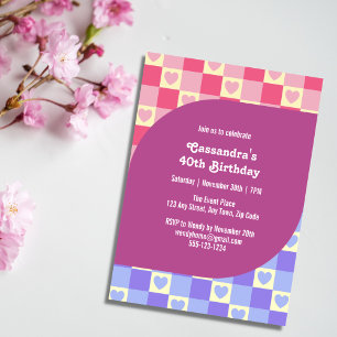 Retro Checkered Heart Bauhaus Lila Blue Birthday Inbjudningar