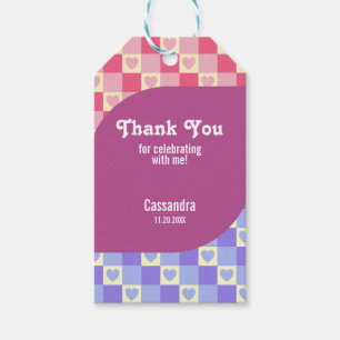 Retro Checkered Heart Bauhaus Lila Blue Birthday Presentetikett