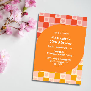 Retro Checkered Heart Bauhaus Red Orange Birthday Inbjudningar