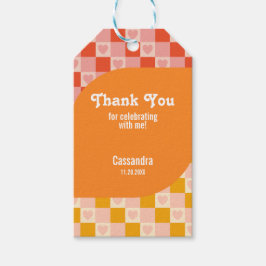 Retro Checkered Heart Bauhaus Red Orange Birthday Presentetikett