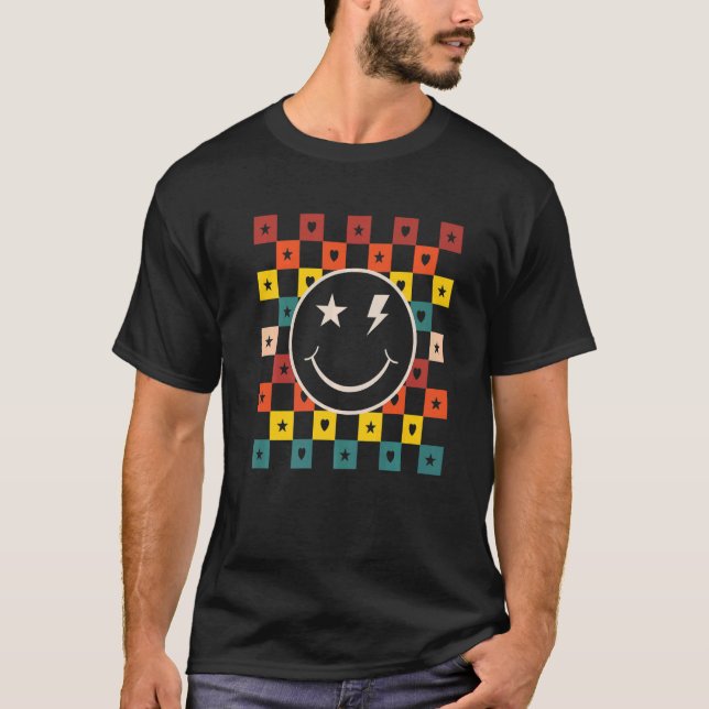 Retro Checkered Lycklig Smiling Ansikte 1 T Shirt (Framsida)
