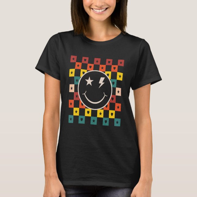 Retro Checkered Lycklig Smiling Ansikte 1 T Shirt (Framsida)