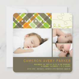 Retro Checkes och Scribbles Chic 3 Photo Boy Birth Meddelande