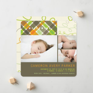 Retro Checkes och Scribbles Chic 3 Photo Boy Birth Meddelande