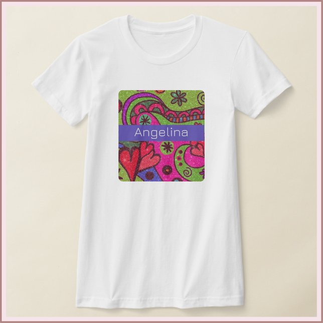 Retro Cheerful Hearts and Flowers Multifärgad T Shirt (Skapare uppladdad)