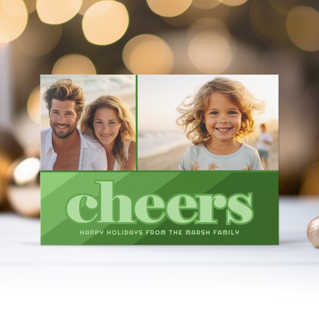 Retro Cheers Line Art Grönt - 2 foto - 70:s Vibe Julkort (Retro Stripe Christmas Card with 2 Photos - Vibrant Olive Green Shades - Print and Download Option)