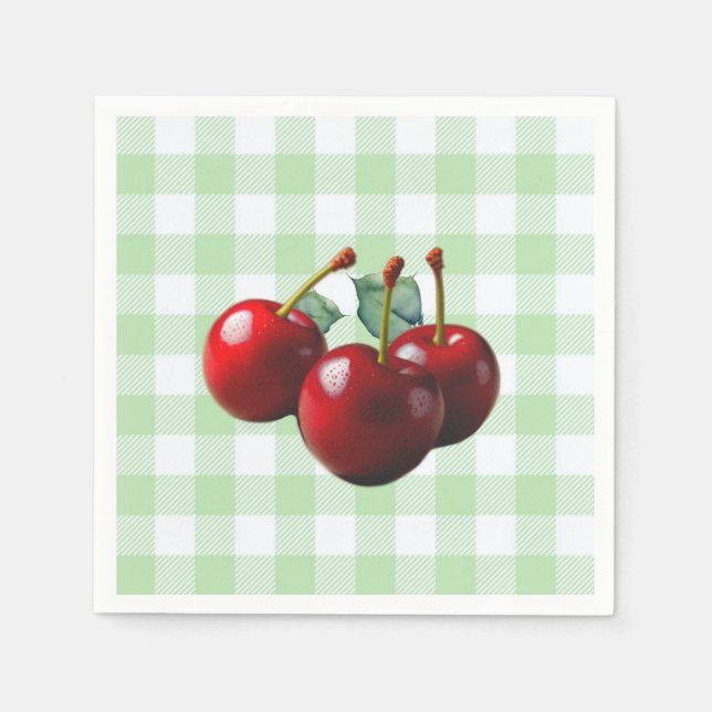 Retro Cherries fresh picked green gingham Pappersservett (Framsidan)