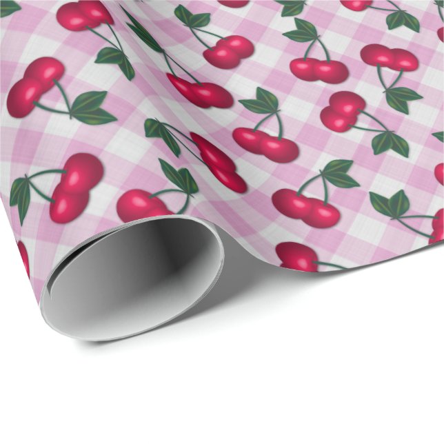 Retro Cherries på Rosa Gingham Presentpapper (Rullad Hörn)