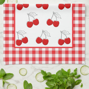 Retro Cherries Red Gingham Land Kökshandduk