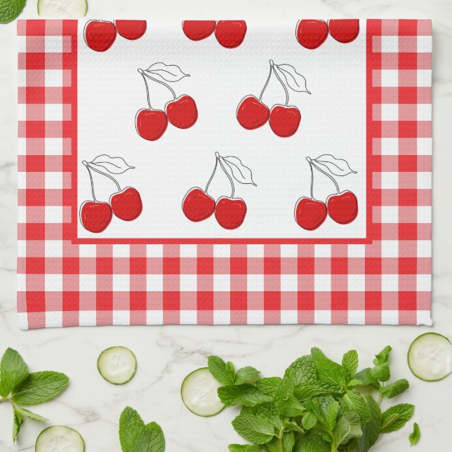 Retro Cherries Red Gingham Land Kökshandduk (Vikta)