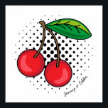 Retro Cherries Tecknad Bok Food Pop Art Poster<br><div class="desc">Funkyns återutskrift av stil på en röd körsbärsillustration,  över en cirkel med halvtonssvarta punkter. Redigerbar text radbryts runt grund i teckningen så att du kan anpassa med namn eller ett meddelande</div>