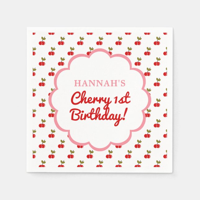 Retro Cherry 1:a födelsedag Photo Party Pappersservett (Framsidan)