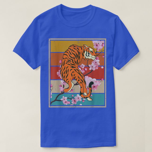 Retro Cherry Blommar Vild katt Animal Sakura Asian T Shirt (Design framsida)