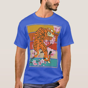 Retro Cherry Blommar Vild katt Animal Sakura Asian T Shirt