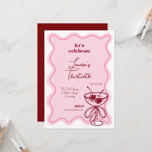Retro Cherry Cocktail 30th Birthday Invite Bows Inbjudningar (Fram/Back In Situ)