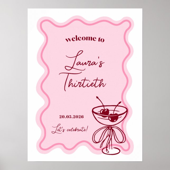 Retro Cherry Cocktail Birthday Party Welcome Sign Poster (Framsidan)